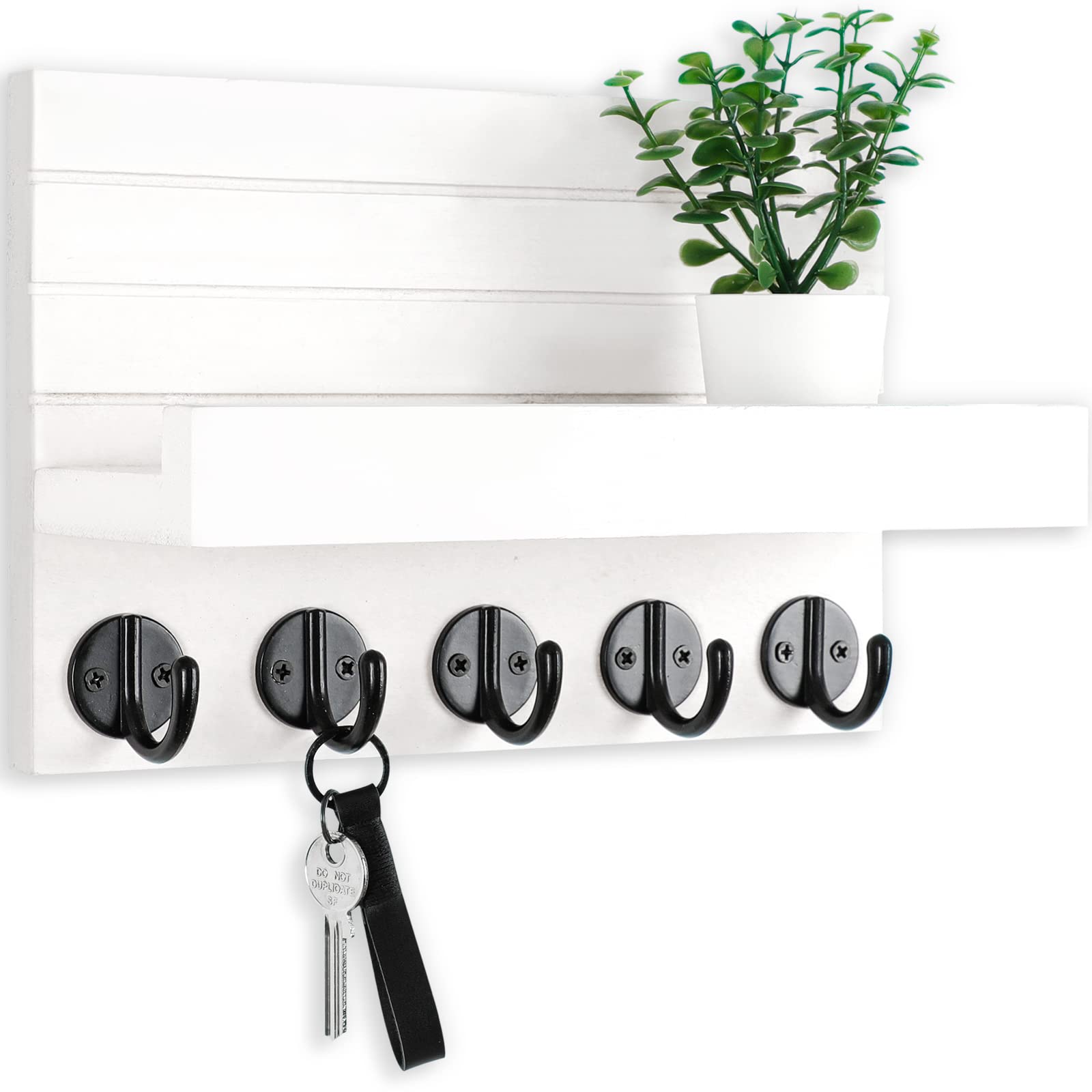 Key Holder for Wall, Decorative Key and Mail Holder with Shelf Has Large Hooks for Bags, Coats, Umbrella – Paulownia Wood Key Hanger with Mounting Hardware (9.8”W x 6.7”H x 4.2”D)