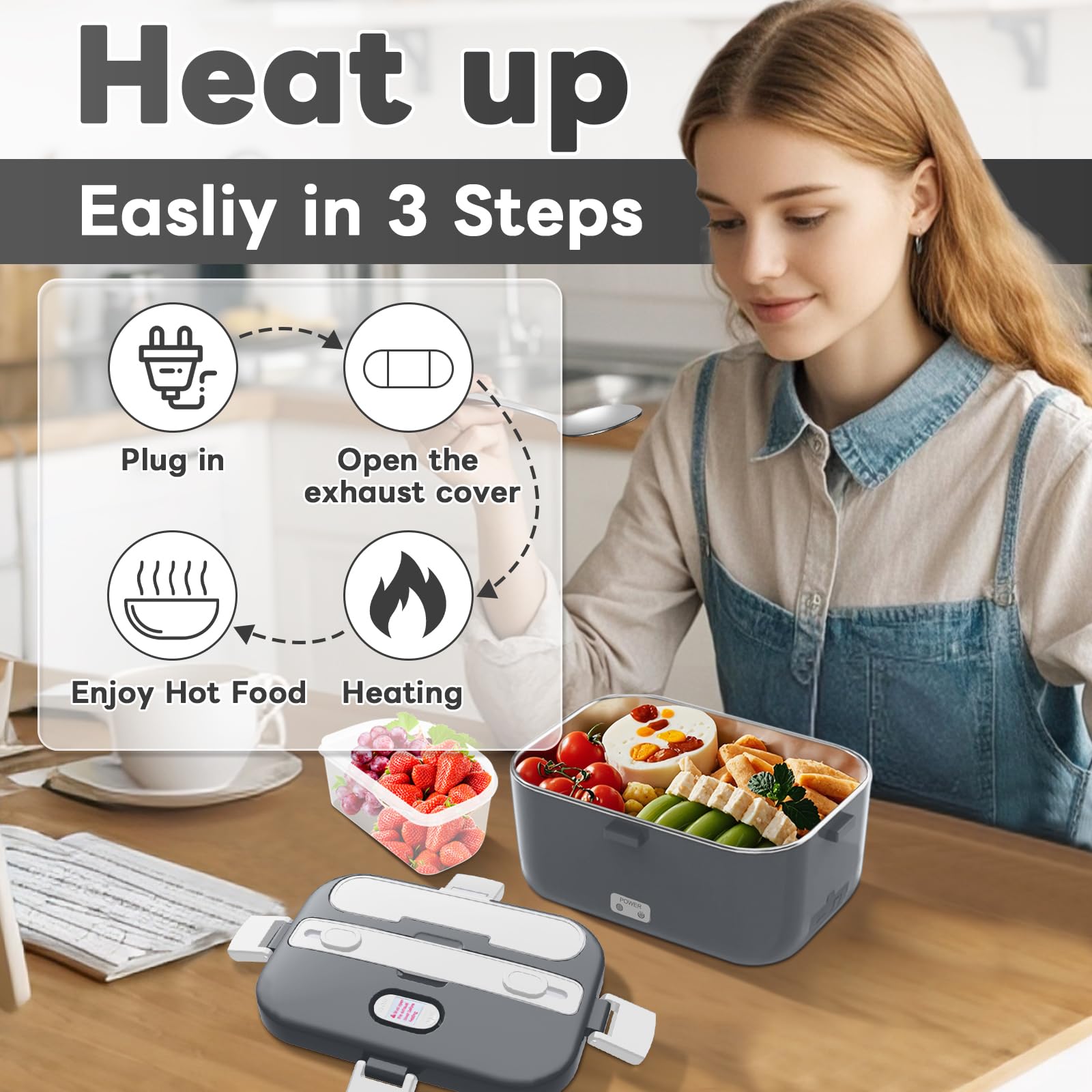 DUPASU Electric Lunch Box Food Warmer: 100W Heated Lunch Box for Adults