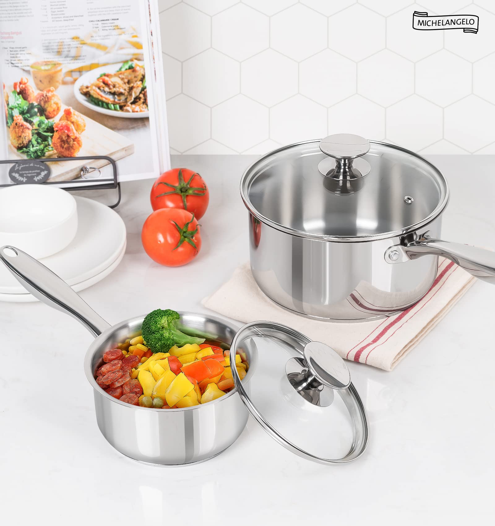 MICHELANGELO Stainless Steel Saucepan Set 1Qt & 2Qt, Premium German