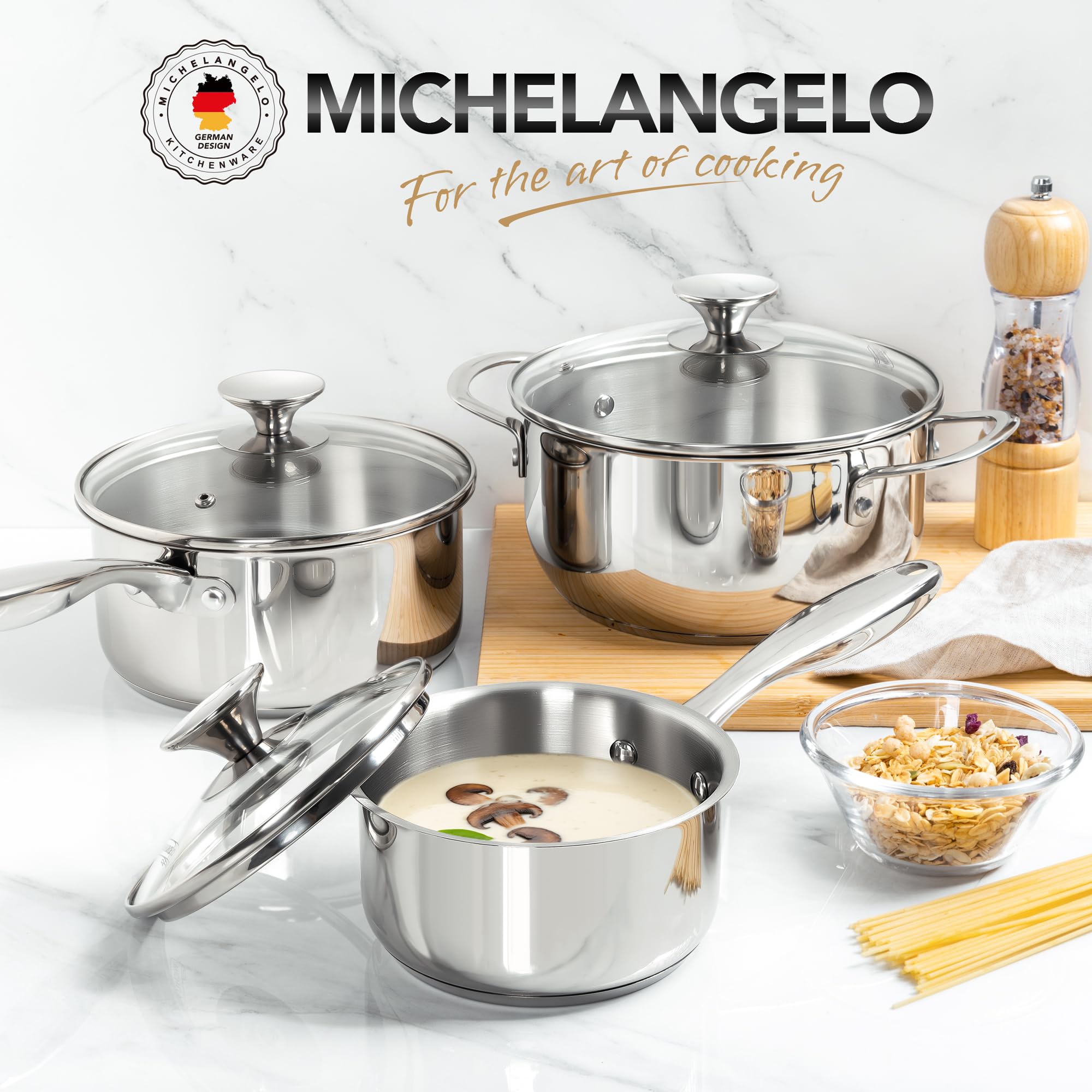 MICHELANGELO Stainless Steel Saucepan Set 1Qt & 2Qt, Premium German