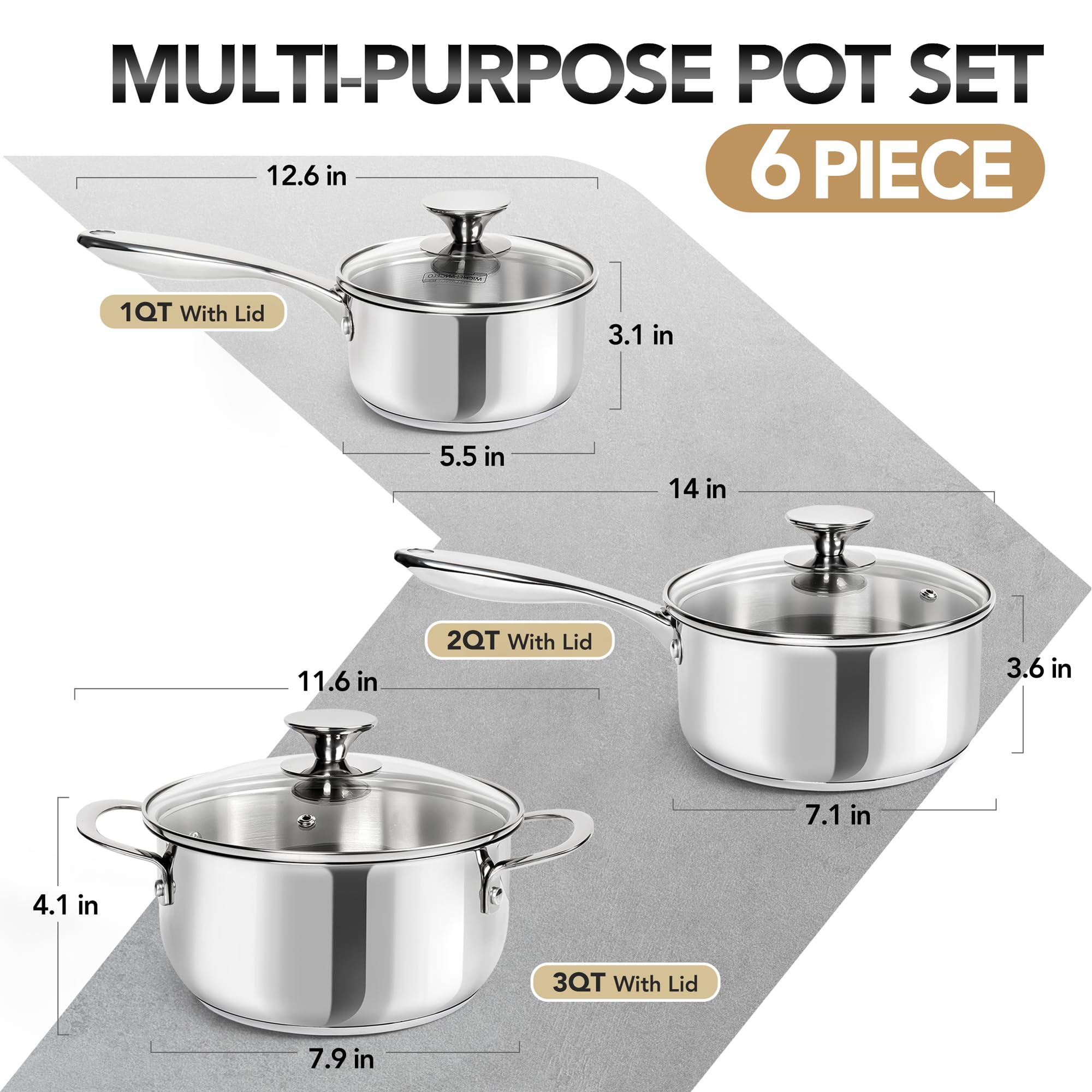 MICHELANGELO Stainless Steel Saucepan Set 1Qt & 2Qt, Premium German