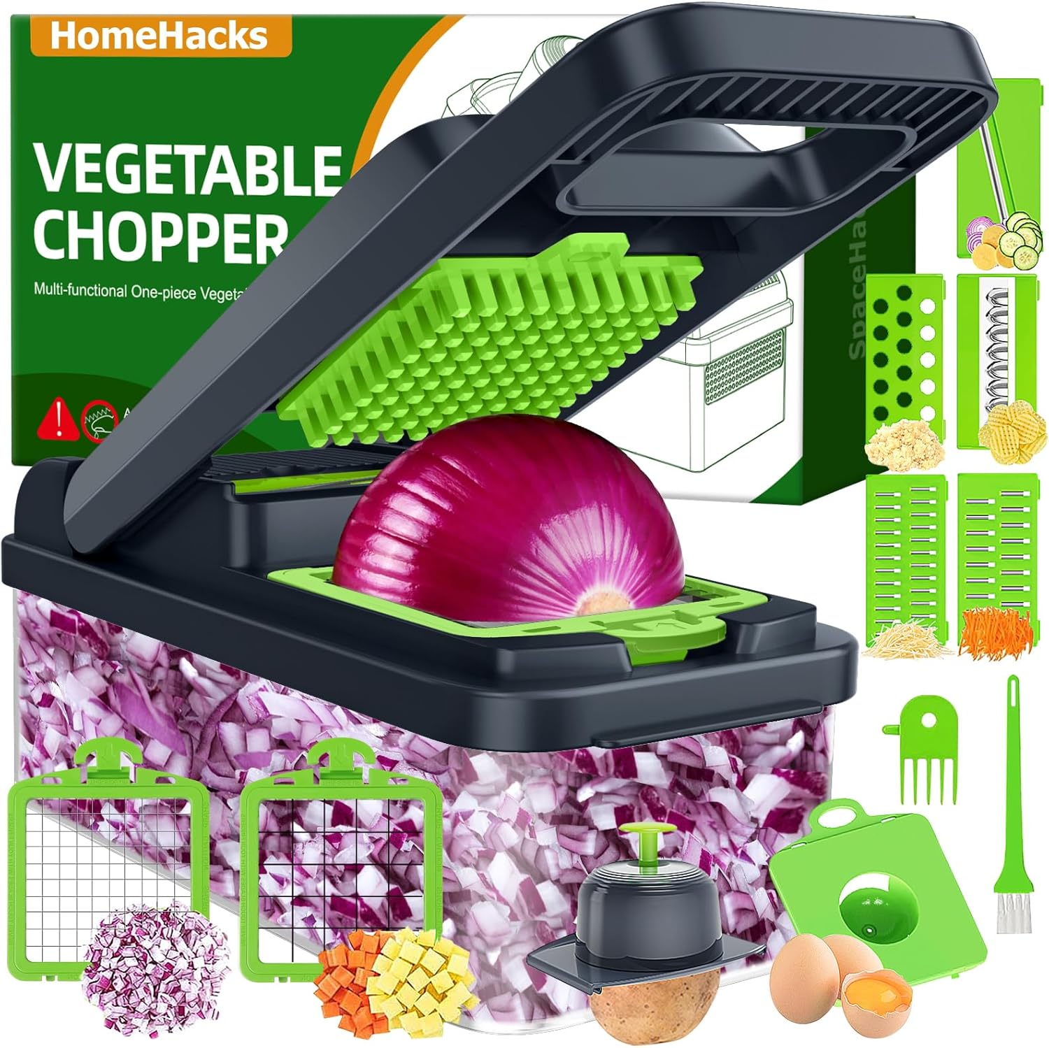 Vegetable Chopper, 12-in-1 Multi-Functional Vegetable Cutter Lid with Handle - with 7 Blades, Dicer, Slicer, Cutter, Julience, Cheese Grater - Kitchen Tools for Salad,Onion, Potato, and Carrot