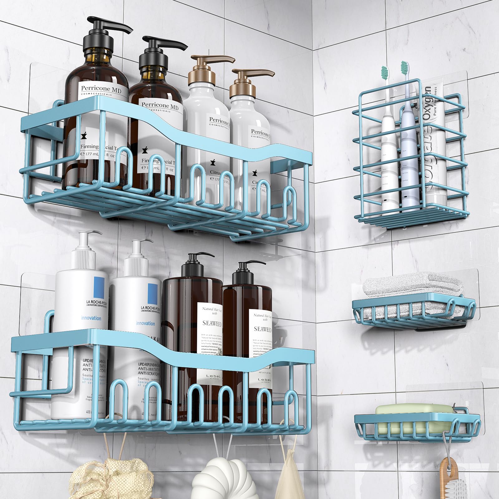 Adhesive Shower Caddy, 5 Pack Rustproof Stainless Steel Bath Organizers With Large Capacity, No Drilling Shelves for Bathroom Storage & Home Decor-XL Size