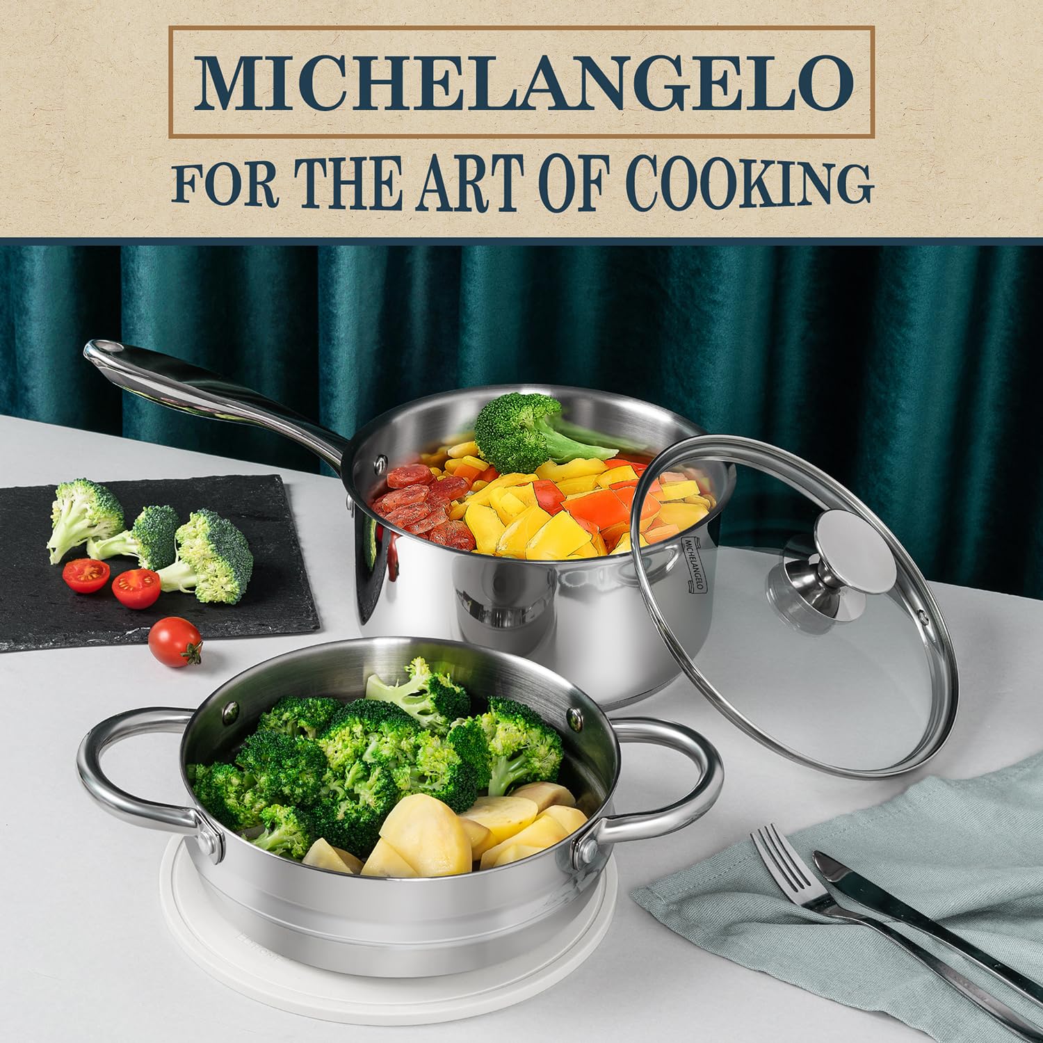 MICHELANGELO Stainless Steel Saucepan Set 1Qt & 2Qt, Premium German