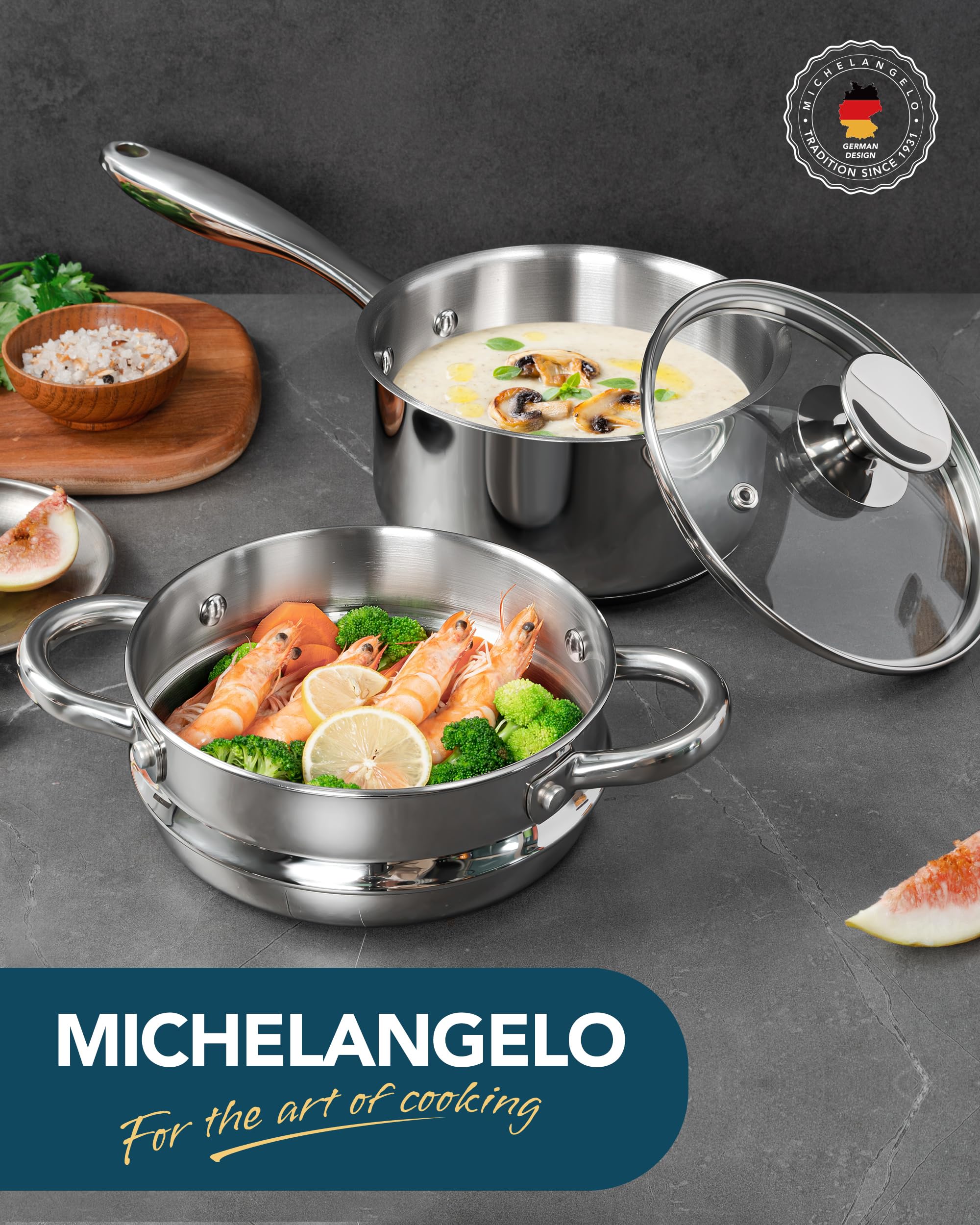 MICHELANGELO Stainless Steel Saucepan Set 1Qt & 2Qt, Premium German