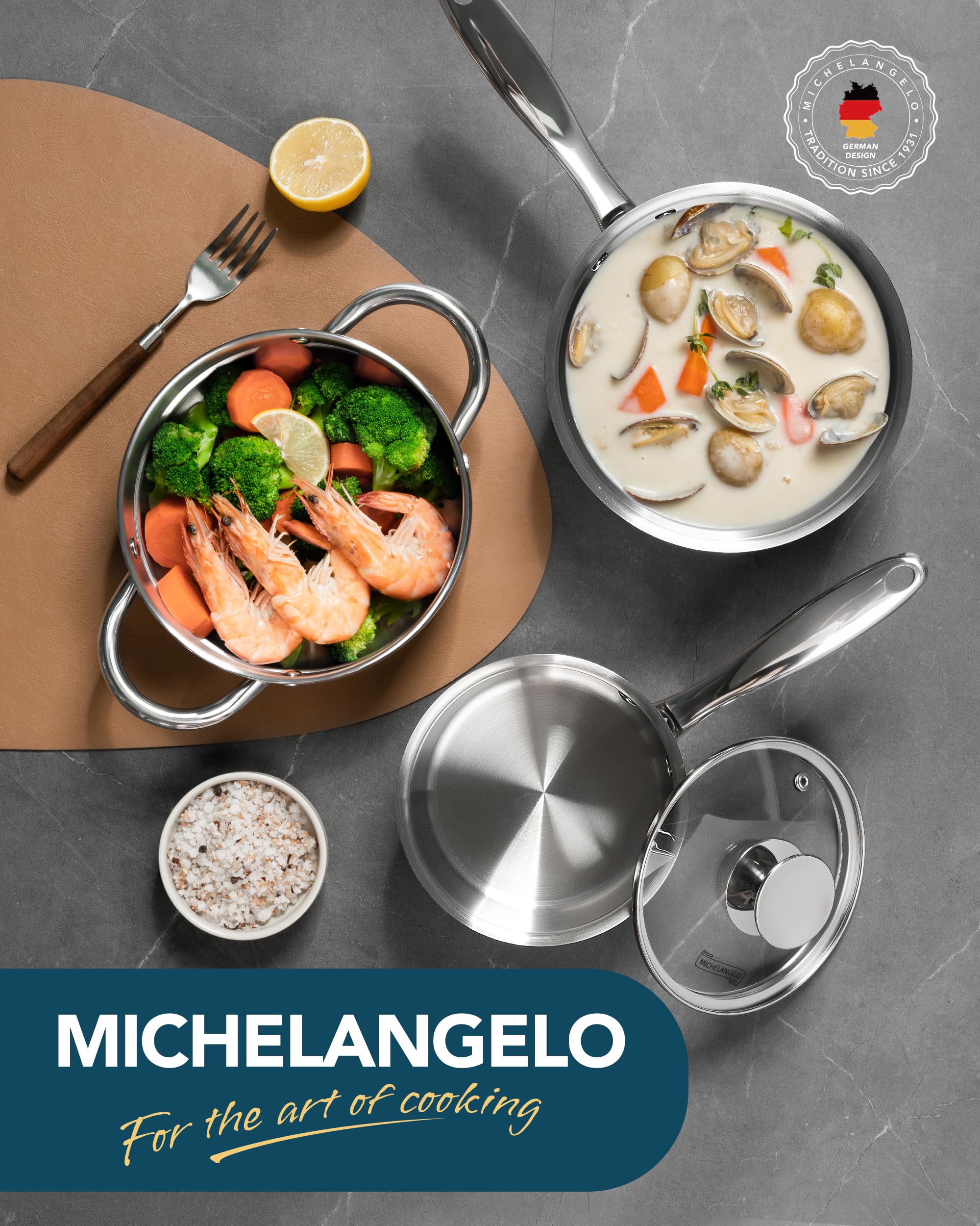 MICHELANGELO Stainless Steel Saucepan Set 1Qt & 2Qt, Premium German