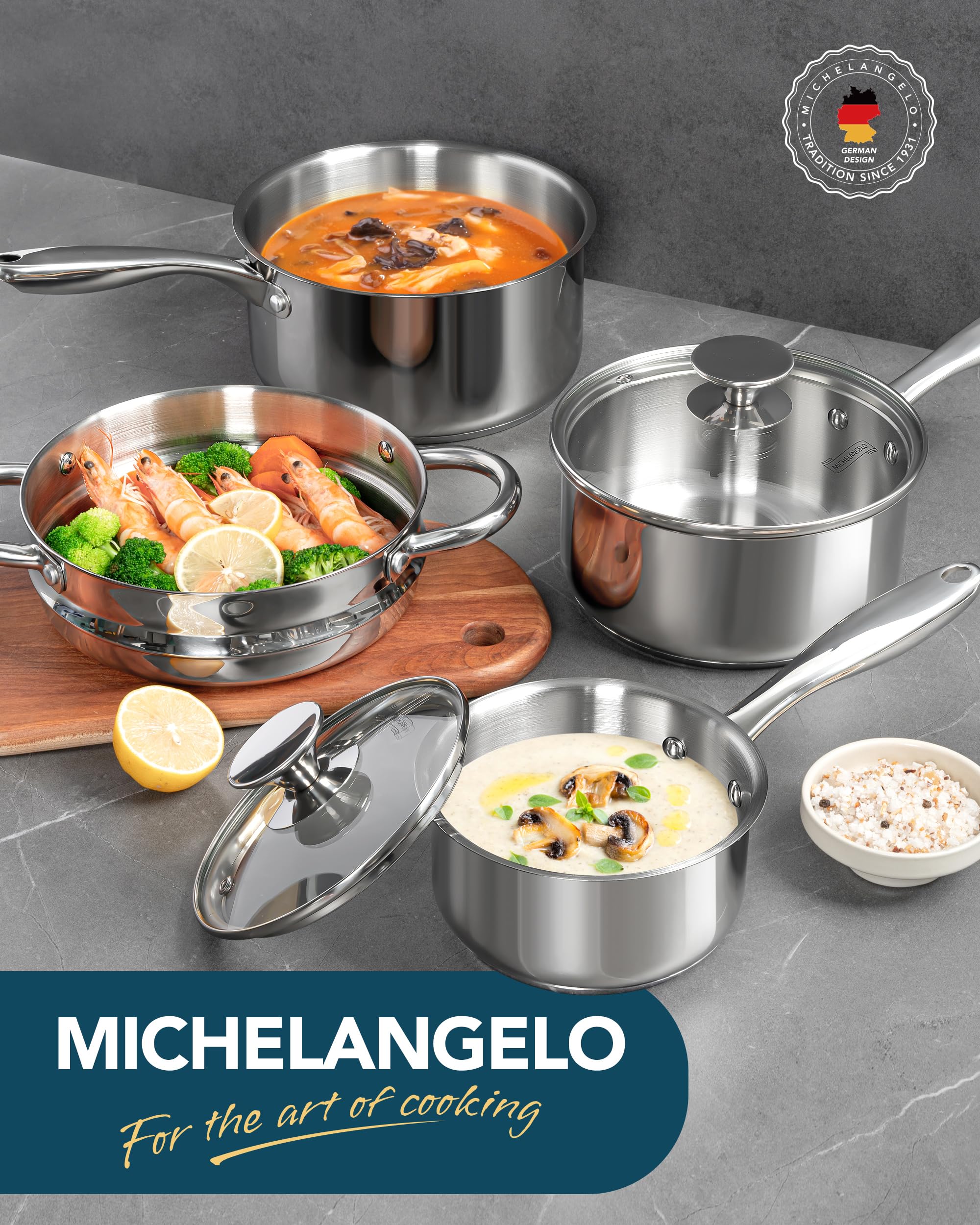 MICHELANGELO Stainless Steel Saucepan Set 1Qt & 2Qt, Premium German